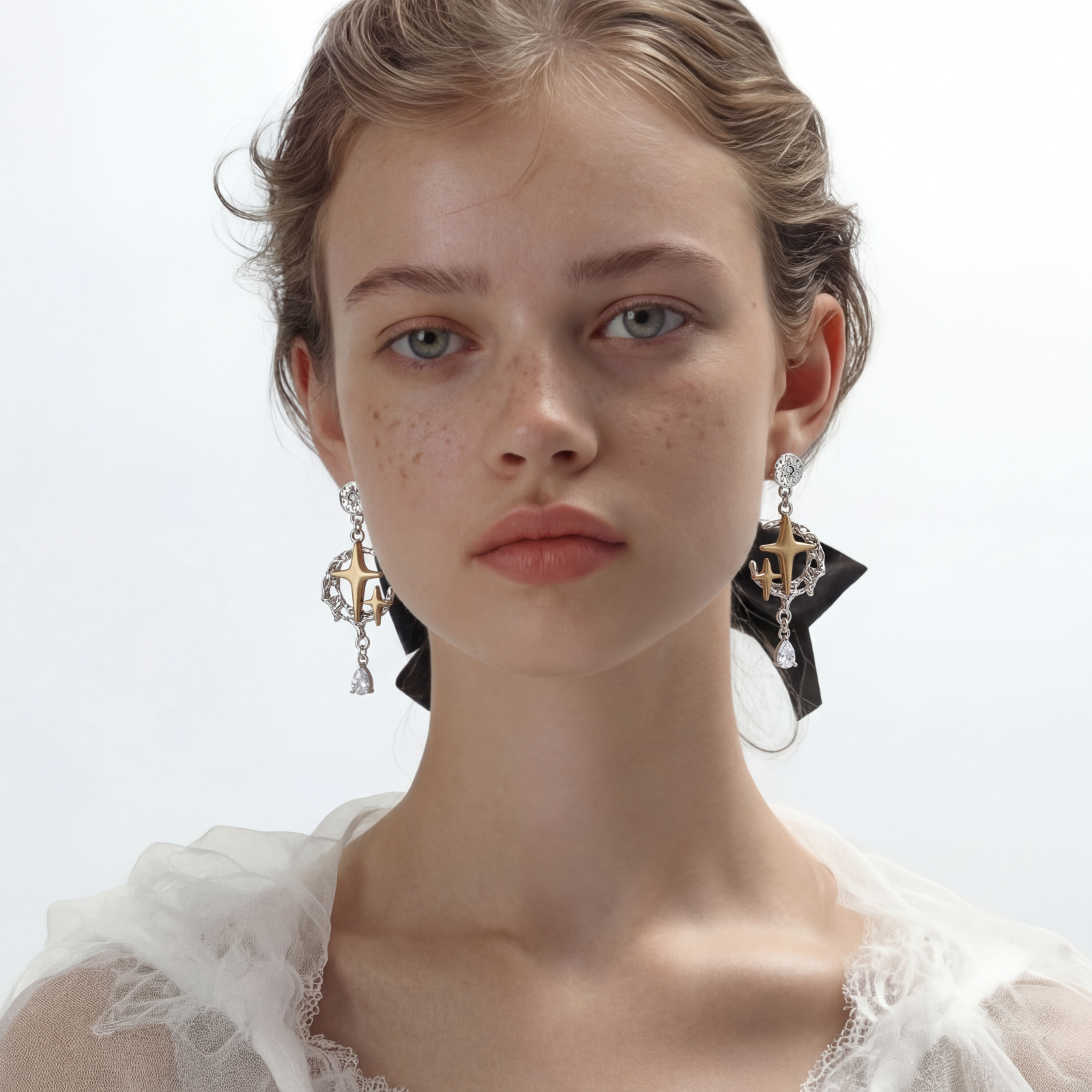 Two-tone star earrings with gold celestial motifs, silver chains, and clear crystal droplets on white background.
