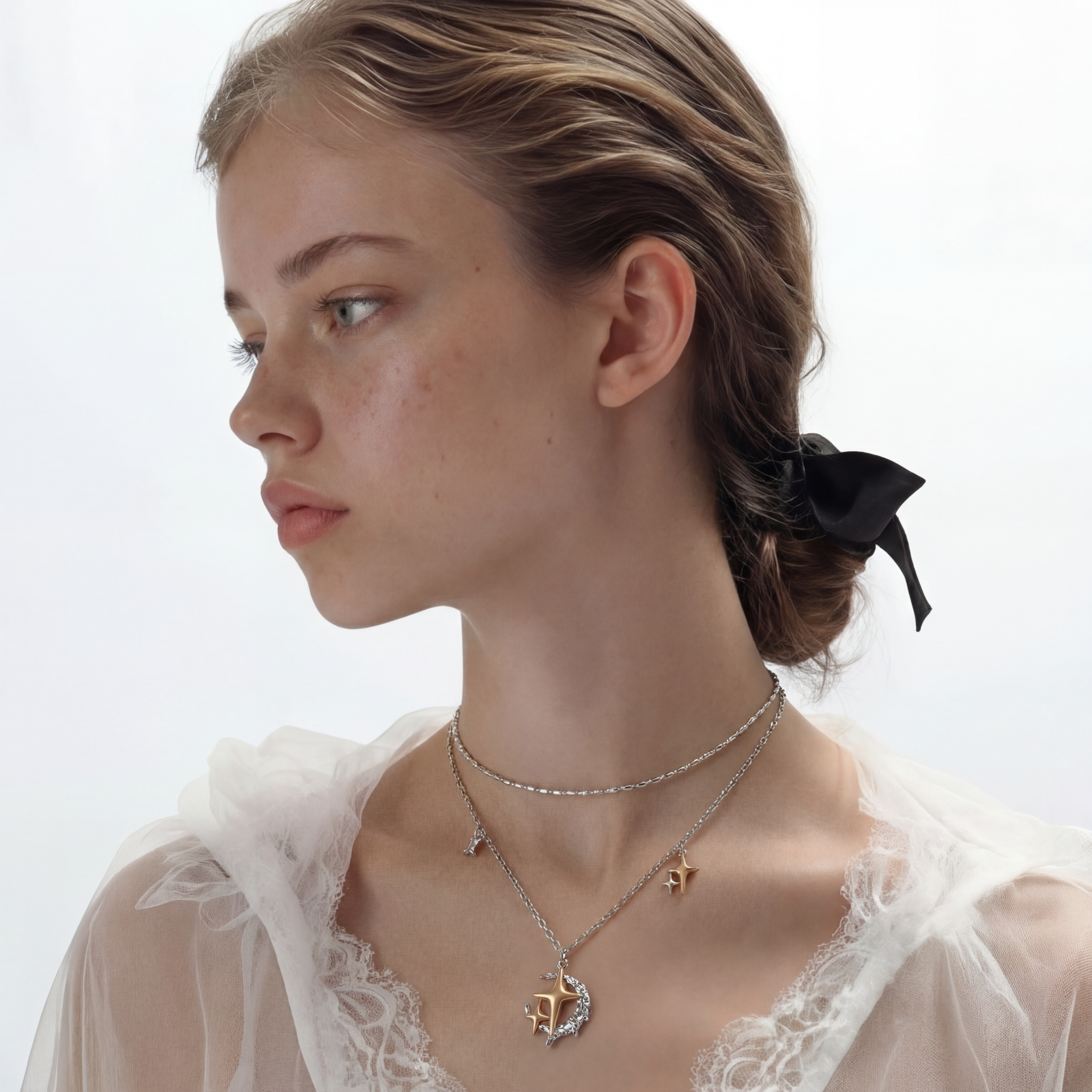 Layered silver-tone necklace set featuring star charms and crescent moon pendant with eco-friendly zinc alloy construction