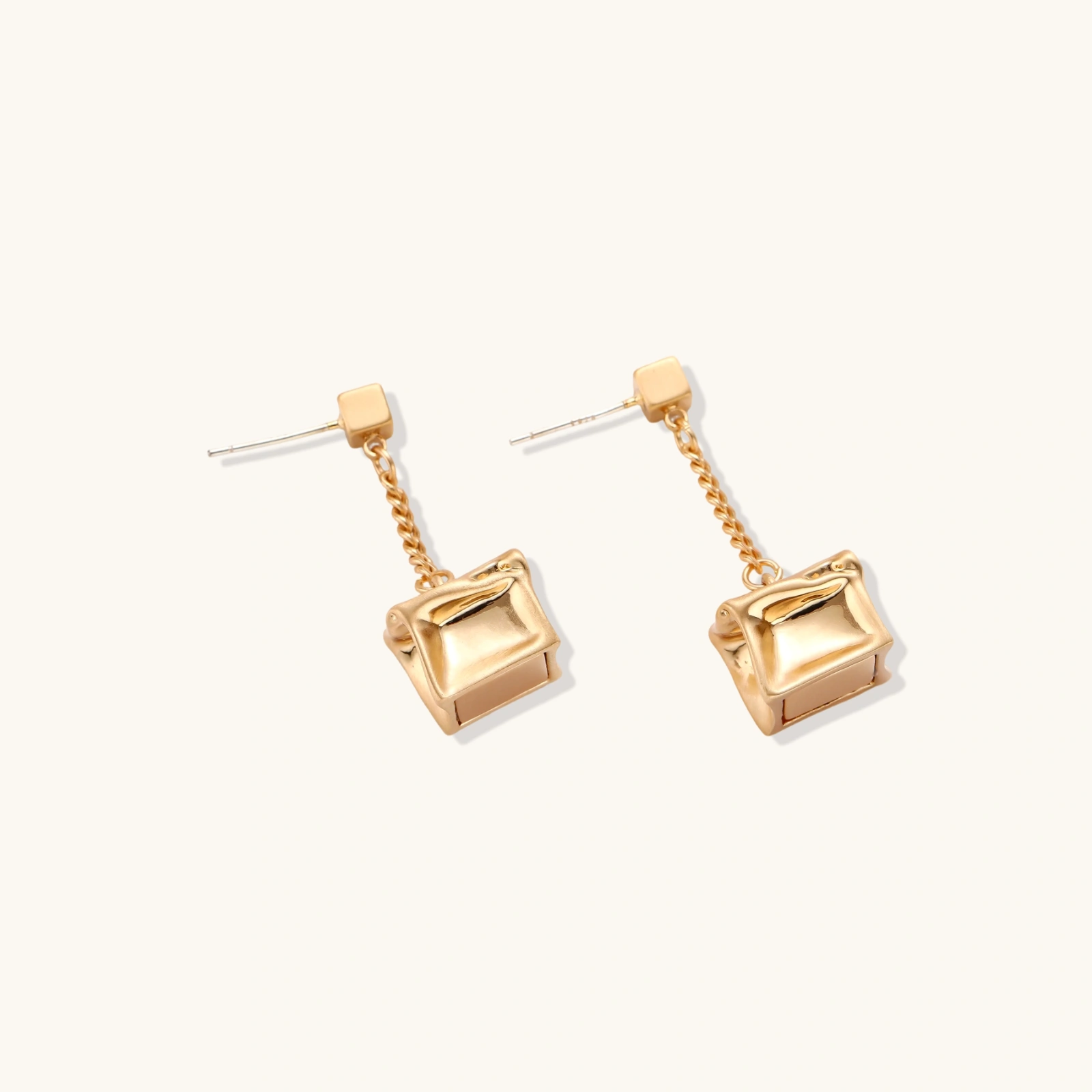Modern geometric drop earrings with square stud posts, delicate chains, and textured square pendants in eco-zinc alloy