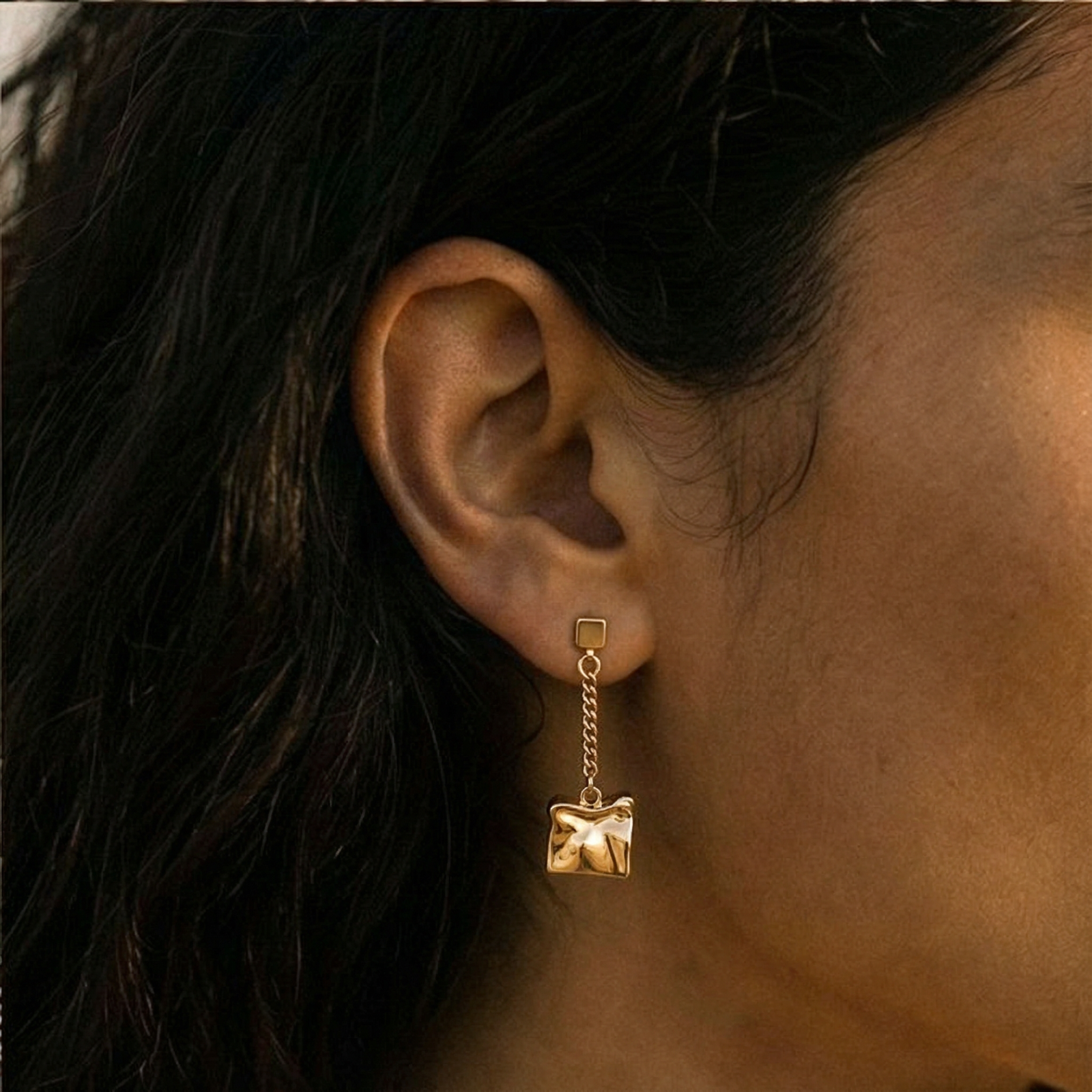 Modern geometric drop earrings with square stud posts, delicate chains, and textured square pendants in eco-zinc alloy