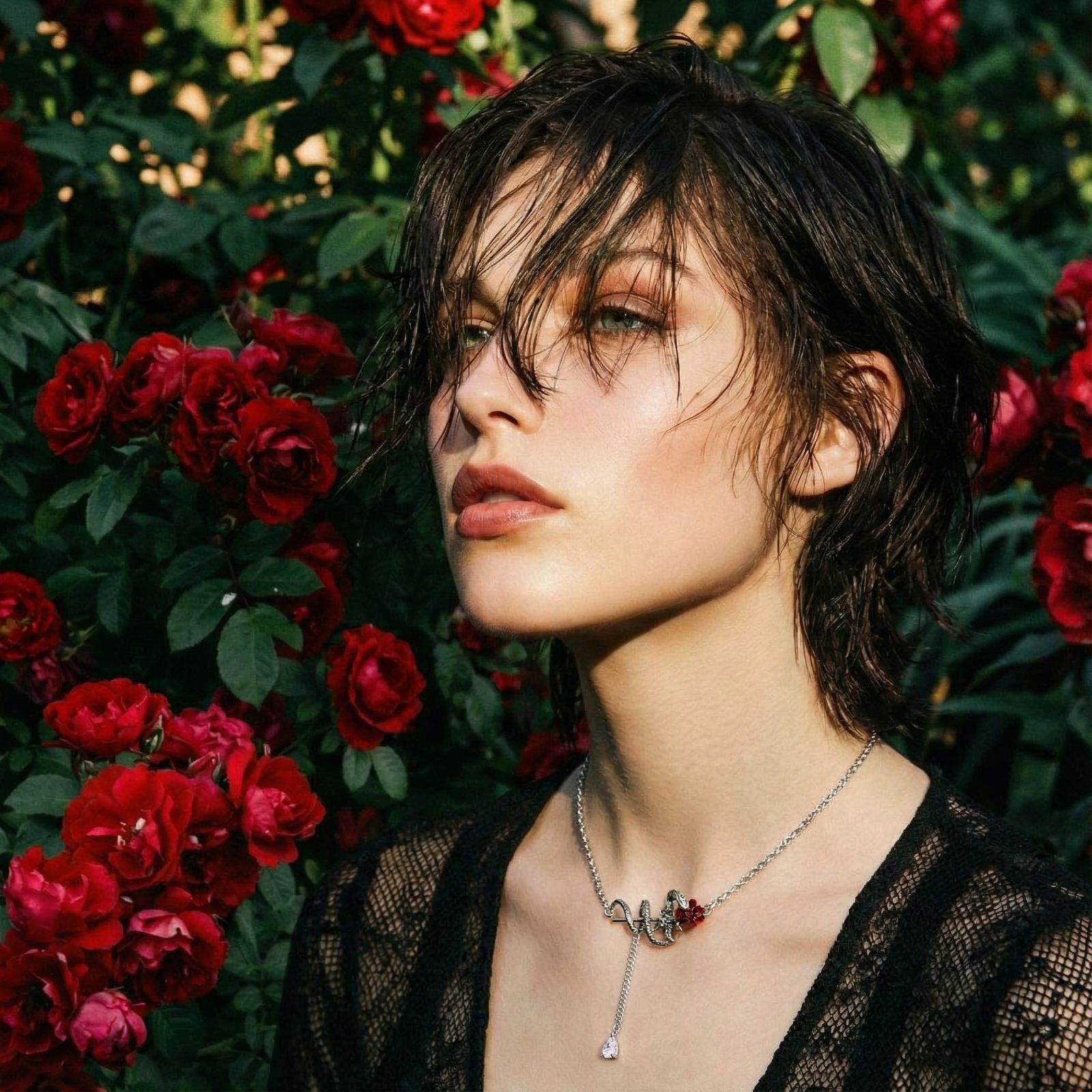 Detailed eco-brass serpent pendant necklace with red zirconia stone and crystal drop tassel on adjustable chain