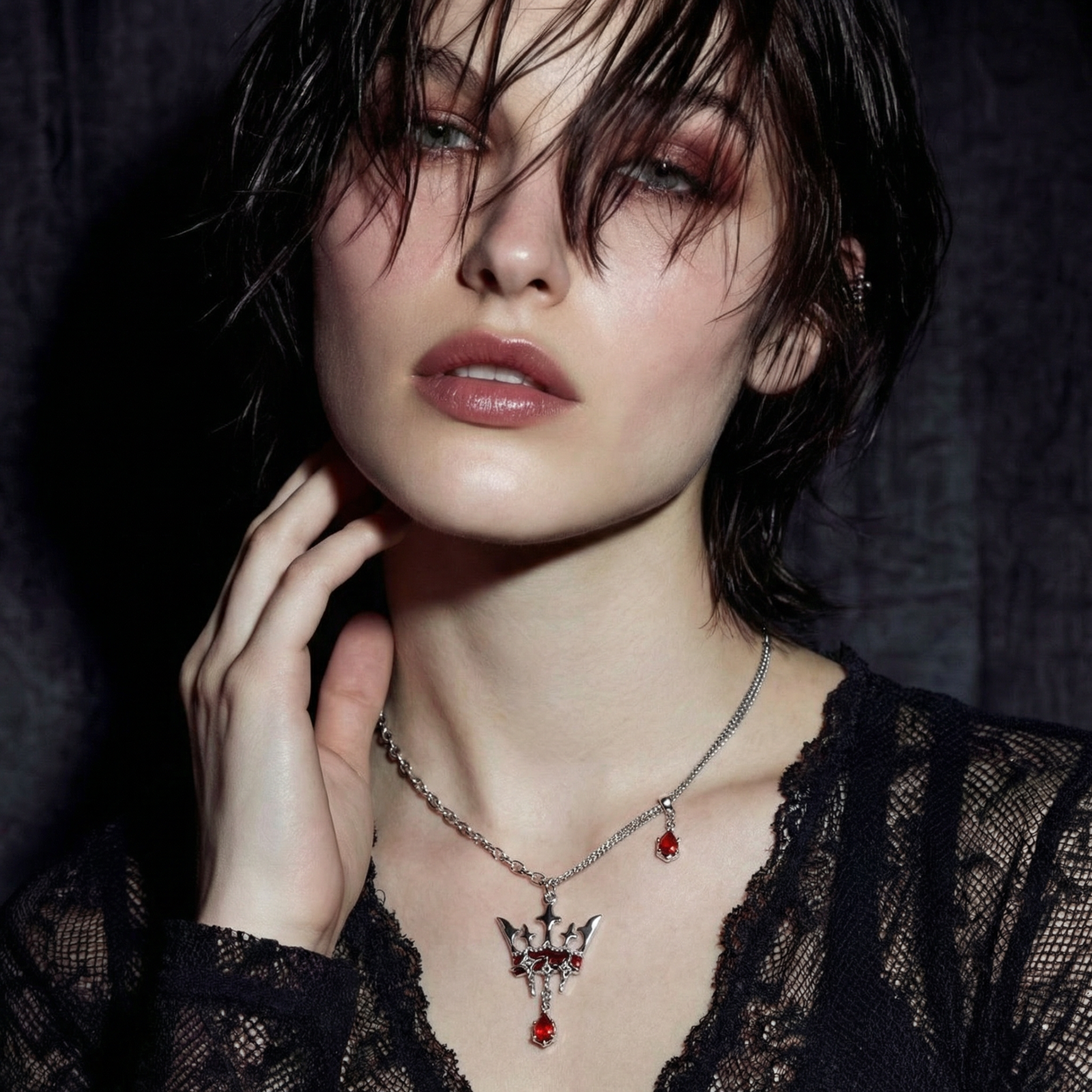 Eco-brass crown pendant necklace with red enamel details and dangling zirconia stone on chunky adjustable chain