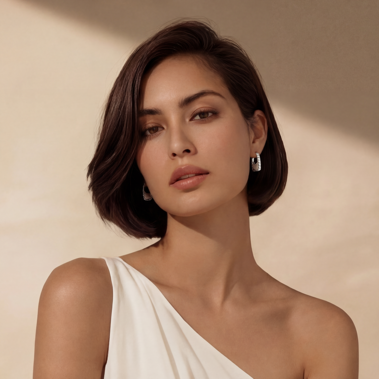 Close-up of platinum-plated sterling silver hoop earrings with horizontal textured grooves on white background.