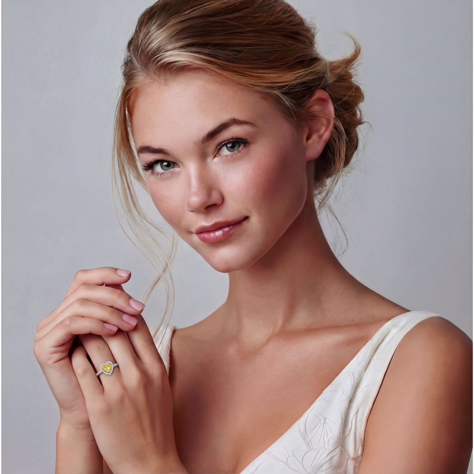 Heart-shaped yellow moissanite ring with diamond halo in sterling silver setting on neutral background