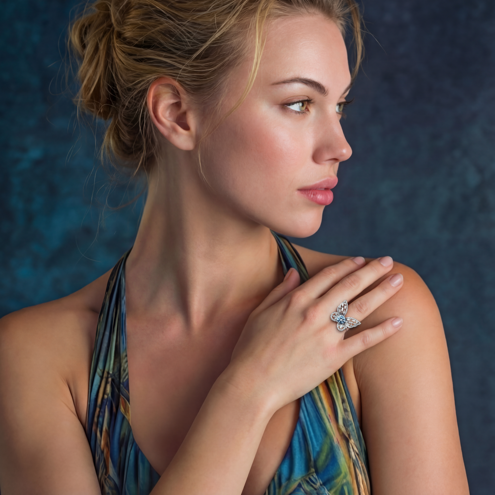 Sterling silver ring with blue moissanite center stone surrounded by clear stones in butterfly wing pattern on white background