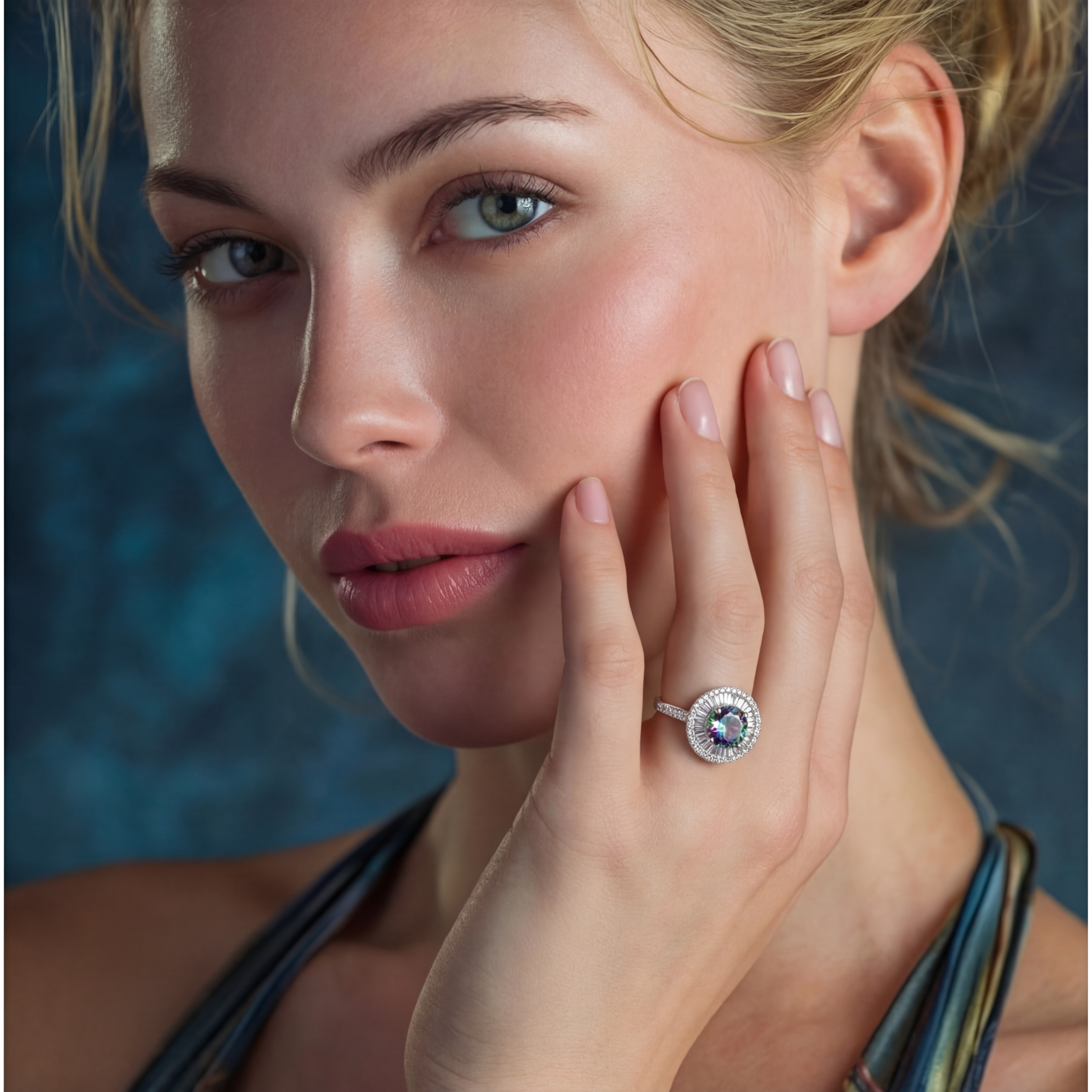 Close-up of sterling silver halo ring with round rainbow moissanite center stone surrounded by baguette-cut stones