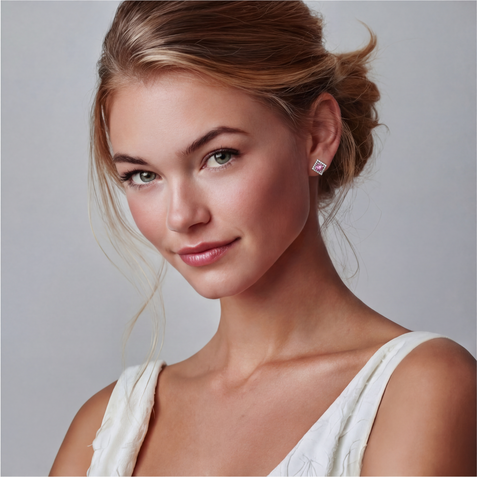 Sterling silver diamond-shaped stud earrings with pink moissanite center stones and crystal halo setting on white background