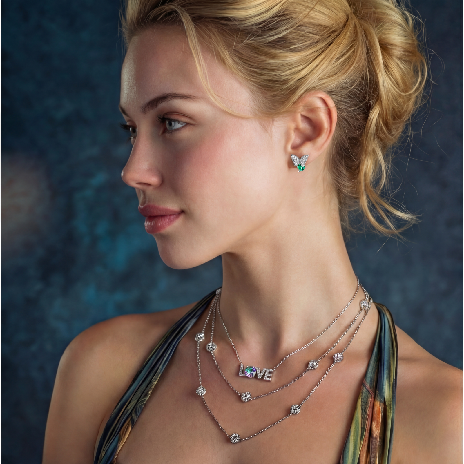 Sterling silver butterfly stud earrings with crystal wings and mint green center stones on cream background.