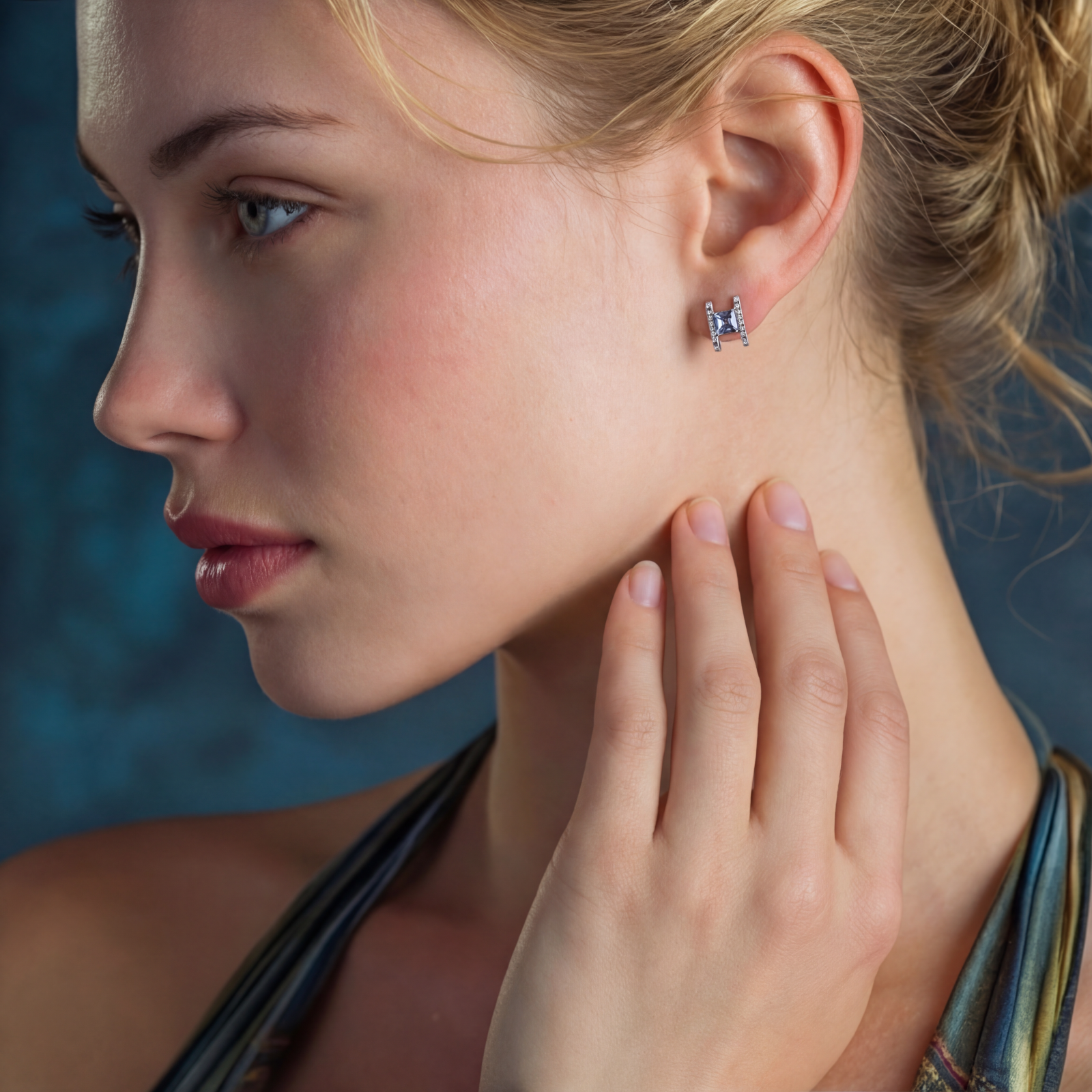 Square moissanite studs in sterling silver geometric setting showing rainbow prismatic fire on white background.