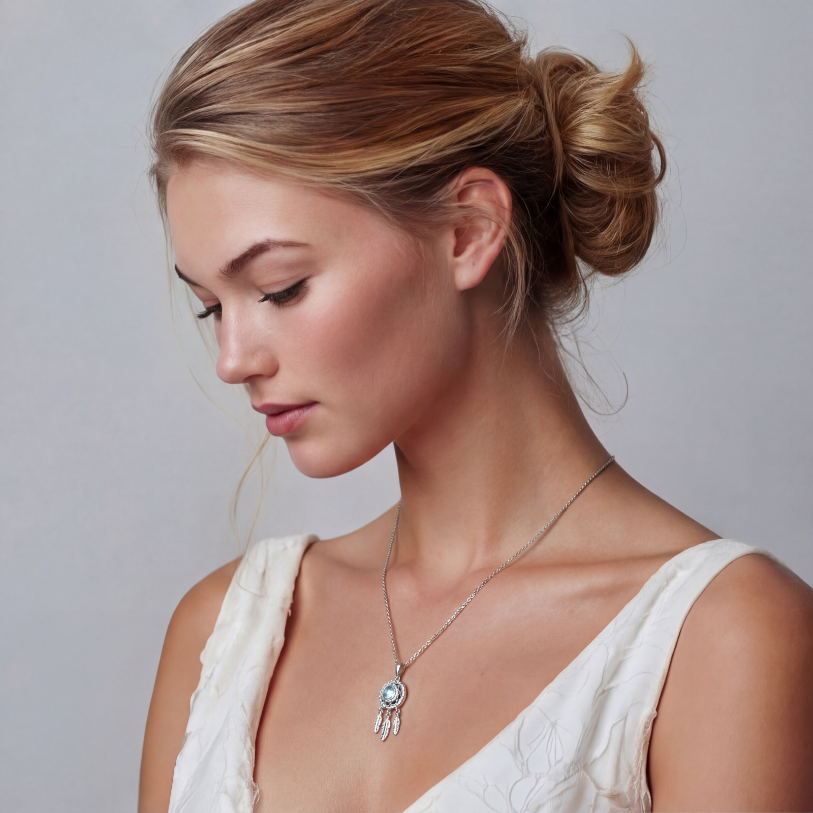 Sterling silver dreamcatcher pendant with blue moissanite center and three feather charms on adjustable chain.