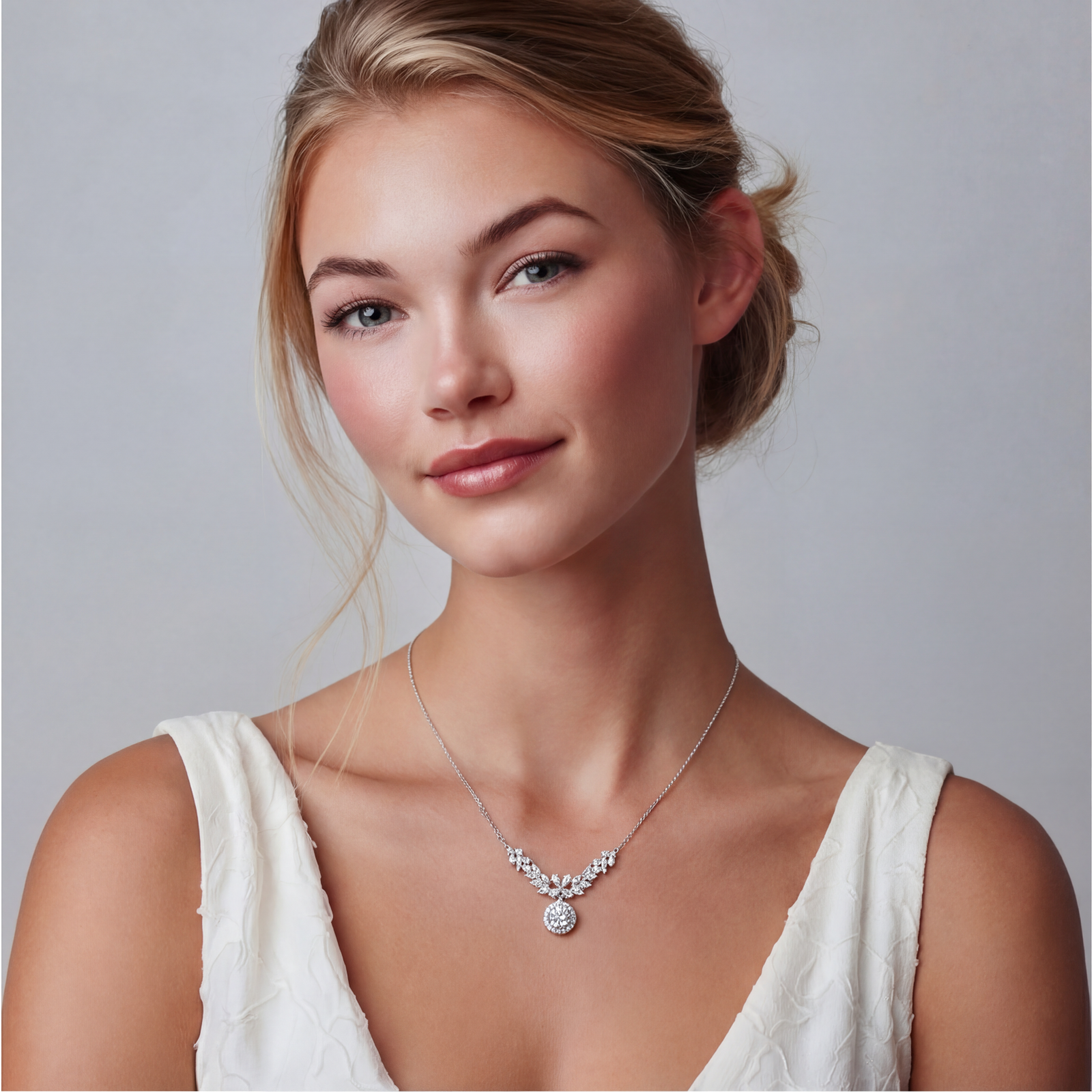 Elegant sterling silver necklace featuring intricate wing-like design with brilliant moissanite stones on neutral background.