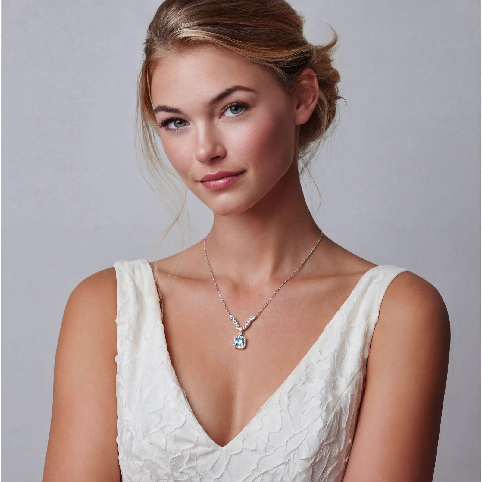 Sterling silver necklace with geometric crystal arrangement forming a V-shape and square blue moissanite centerpiece pendant