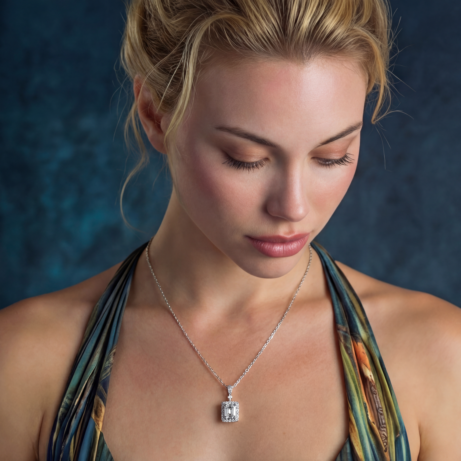 Square moissanite pendant with halo setting on delicate sterling silver chain against white background.