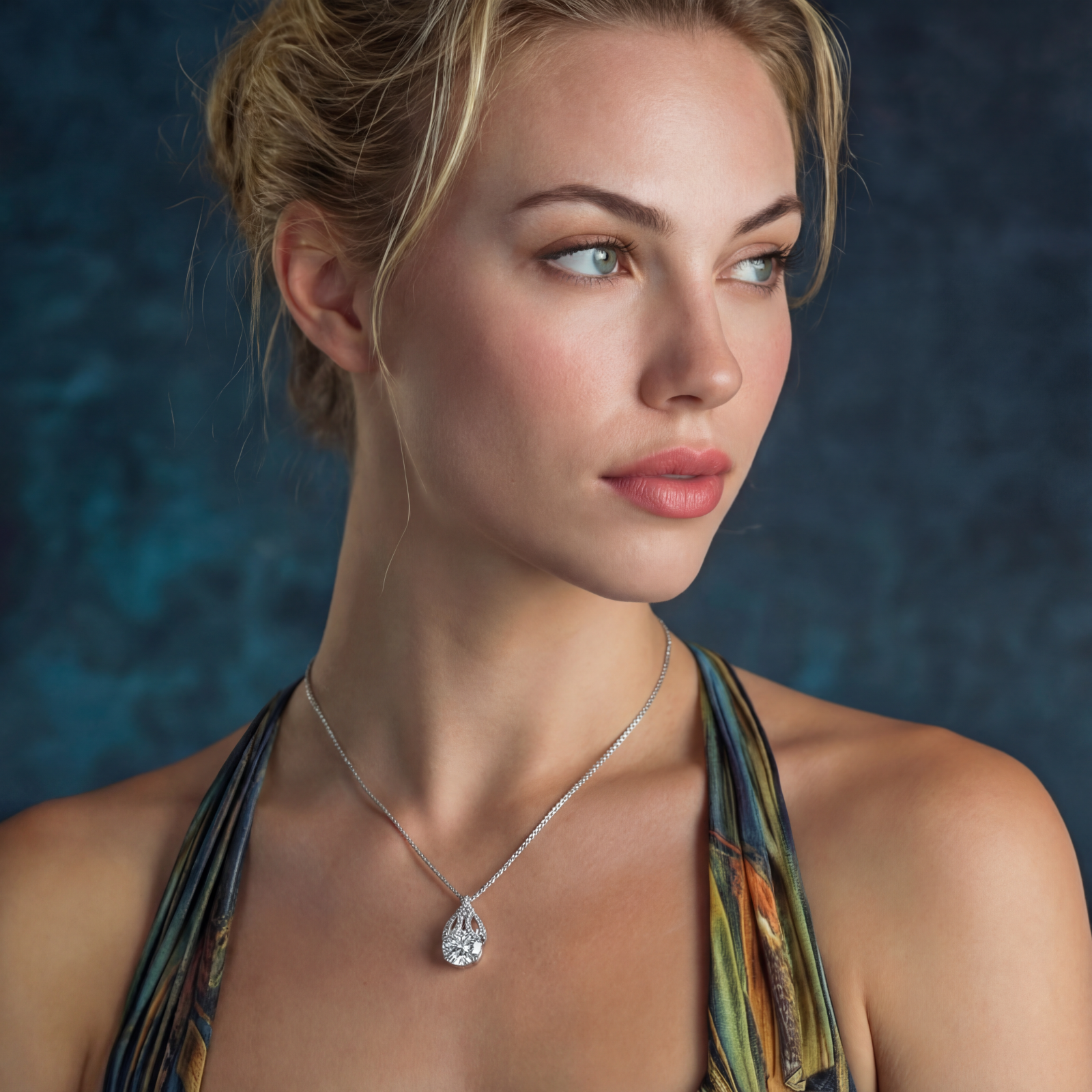 Sterling silver necklace featuring a large pear-shaped moissanite stone in an ornate setting with smaller accent stones