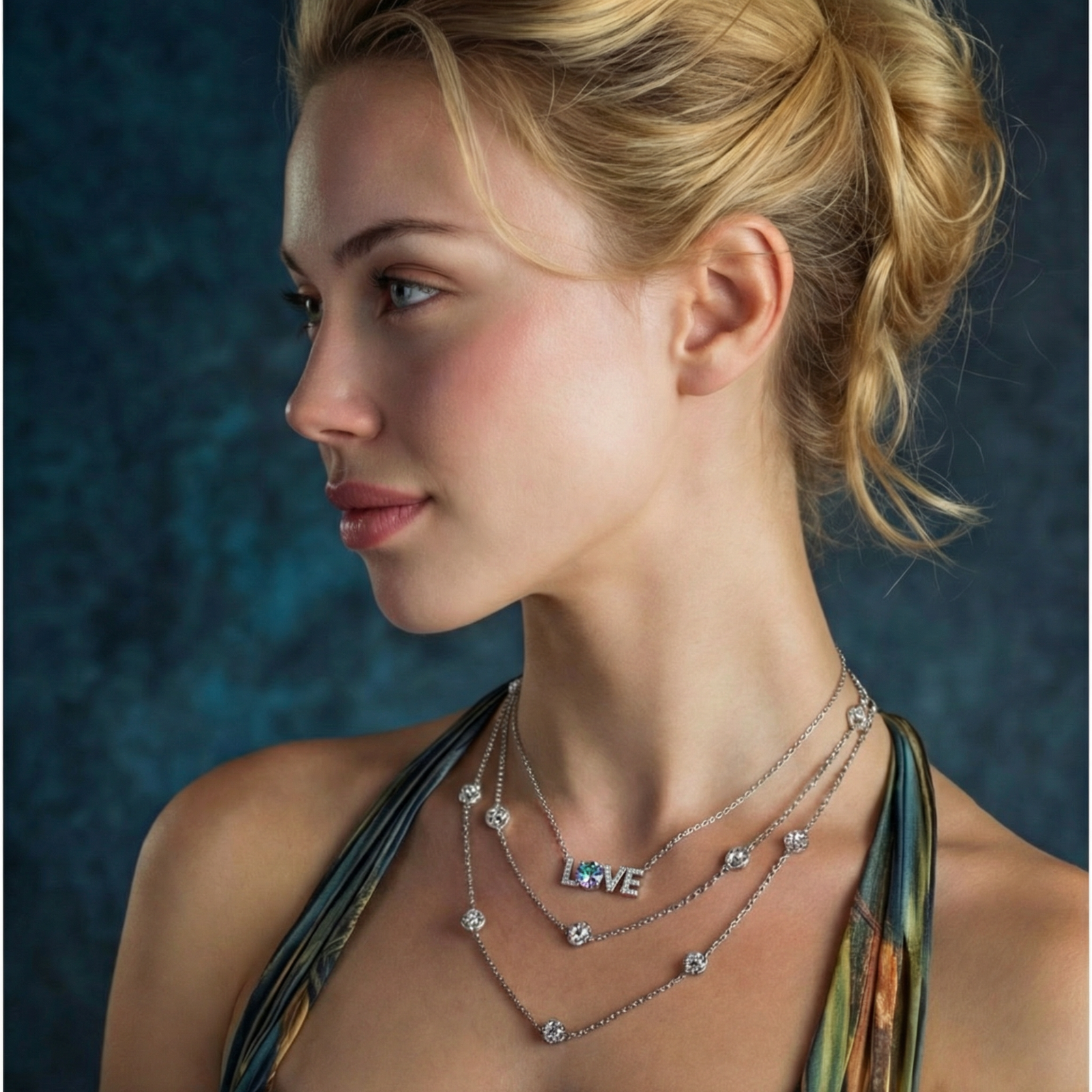 Sterling silver LOVE necklace with brilliant moissanite center stone and pavé details on neutral background.