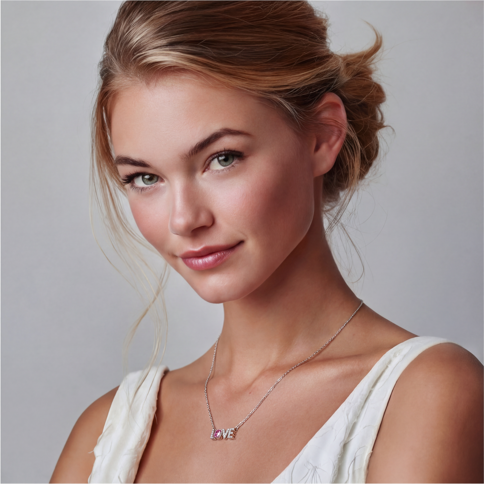 Sterling silver LOVE necklace with pink moissanite stone replacing the O, featuring crystal-set letters on delicate chain.