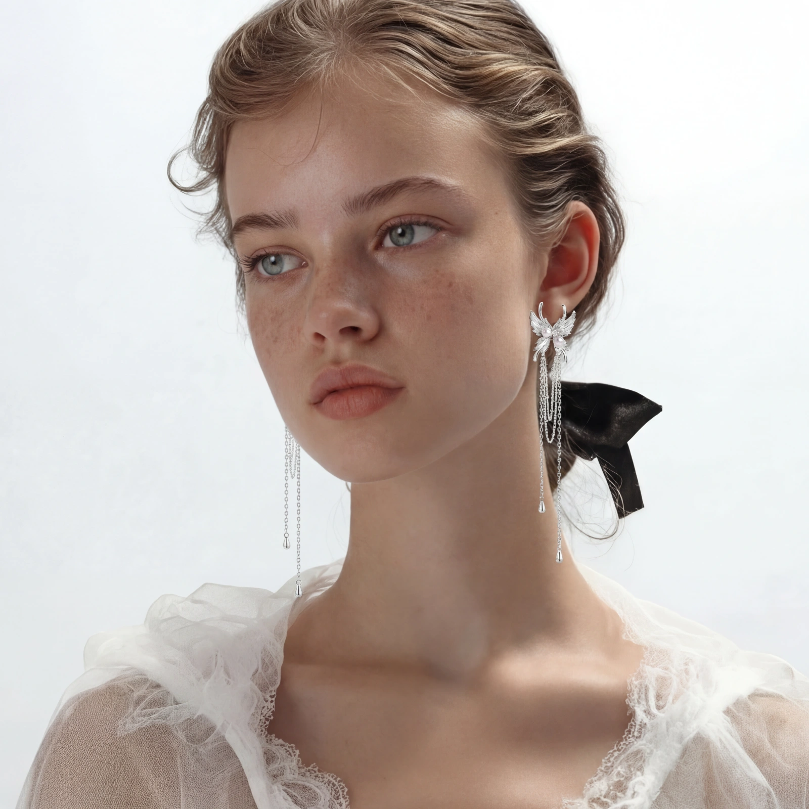 Elegant chandelier earrings with phoenix wing design, white pearls, and cascading silver chains on cream background