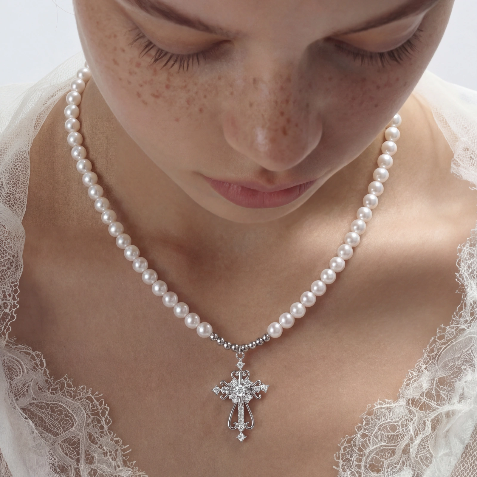 White pearl necklace with ornate silver cross pendant featuring zirconia crystals on cream background.