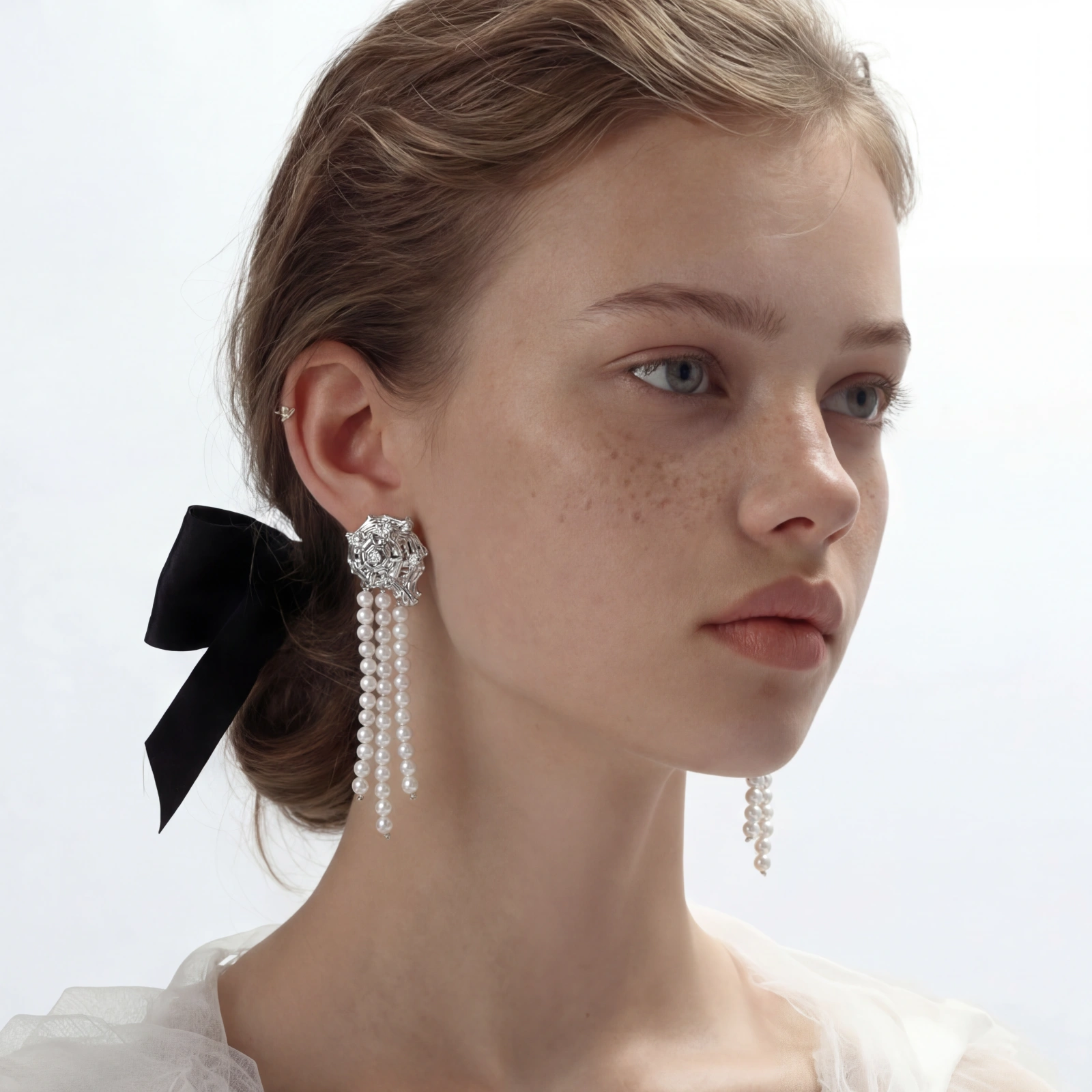 Silver-toned sculptural panther head earrings with zirconia details and white pearl drops on cream background