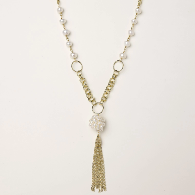 Long gold-plated necklace with freshwater pearls, chunky chain links, and flowing tassel pendant
