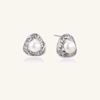 Triangular white gold plated stud earrings with central freshwater pearl and baguette-cut stones on white background
