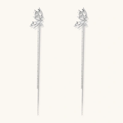 Silver-toned threader earrings featuring detailed fairy figure with wings and dual delicate chain strands, zirconia accents