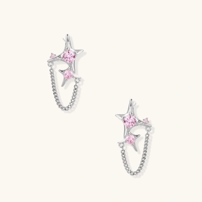 Pair of silver star-shaped ear climbers with pink zirconia stones connected by delicate chains