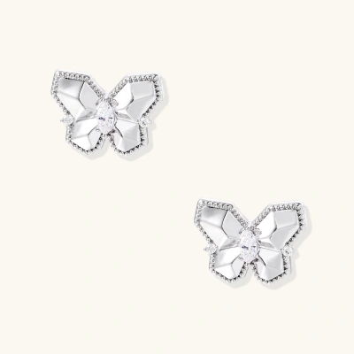 Silver butterfly stud earrings with marquise center stone and pavé crystal border on white background