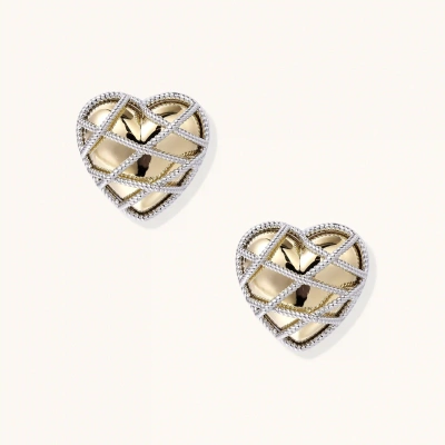 Heart-shaped stud earrings with intricate lattice design in 18K gold plated brass and silver-tone metal.