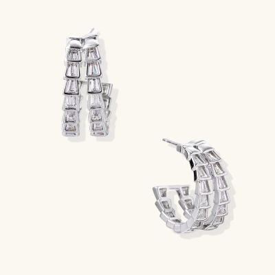 White gold-plated hoop earrings with double row of baguette-cut zirconia stones in geometric ladder design