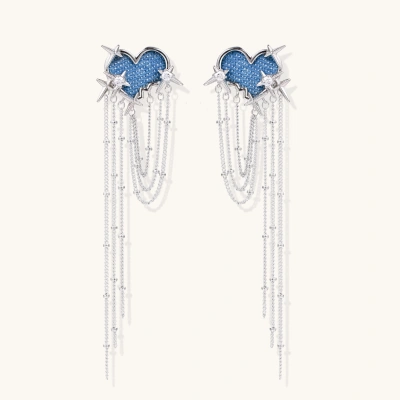 Blue denim cloud-shaped earrings with white gold plated chains, zirconia stars, and cascading silver chain details