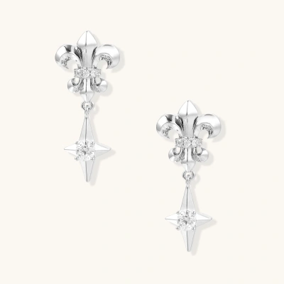 Silver fleur-de-lis drop earrings with geometric star and central crystal on white background