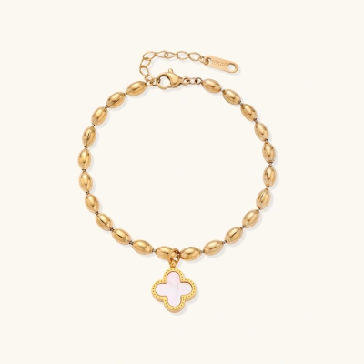 18K gold-plated oval bead chain bracelet with quatrefoil clover charm featuring mother of pearl inlay on cream background
