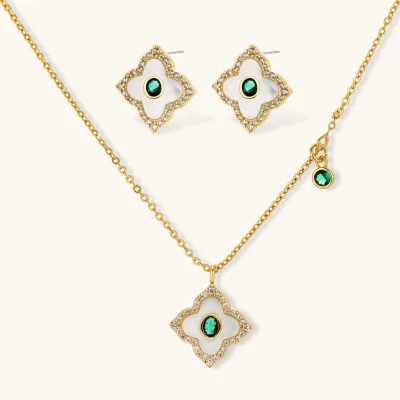 Gold-plated jewelry set with diamond-shaped pendants featuring white centers, green stones, and sparkling zirconia borders