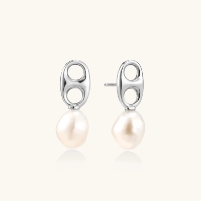 Modern rhodium-plated silver earrings with geometric double-circle design and freshwater pearl drops