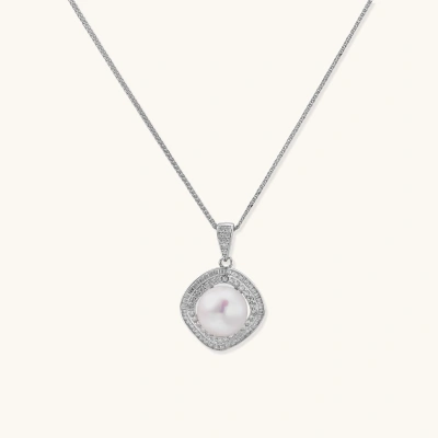 Cushion-shaped double halo pendant with 10mm freshwater pearl center on rhodium-plated sterling silver chain