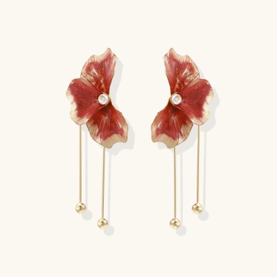 Red enamel flower earrings with gold-plated stems, central pearl, and gradient coral-to-gold petals on white background