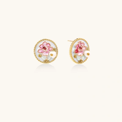 Gold-rimmed circular stud earrings with hand-painted pink peony enamel and pearl accents on white background