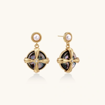 Gold-plated drop earrings with iridescent abalone shell and pearl studs in geometric cross design