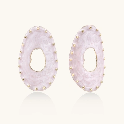 Oval lavender enamel earrings with marbled finish and gold-plated beaded border on cream background.