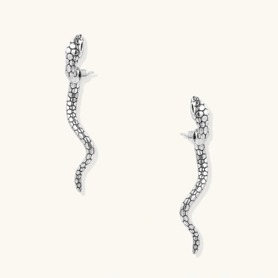 Silver-toned serpent-shaped dangle earrings with detailed scale texture curving in S-shape on beige background