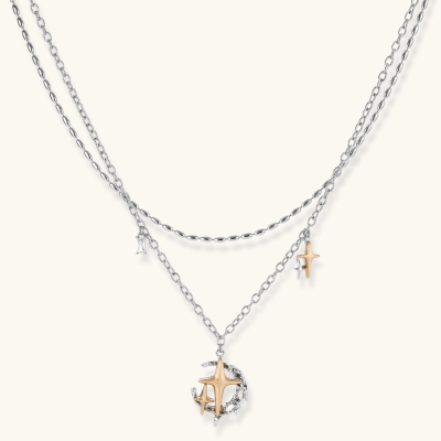 Layered silver-tone necklace set featuring star charms and crescent moon pendant with eco-friendly zinc alloy construction