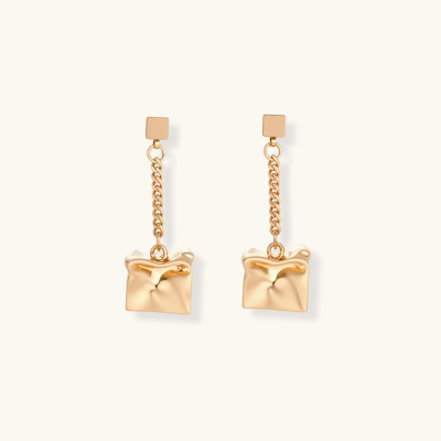 Modern geometric drop earrings with square stud posts, delicate chains, and textured square pendants in eco-zinc alloy