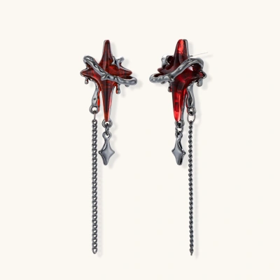 Gothic red resin dagger earrings with silver chain details and S925 posts on white background
