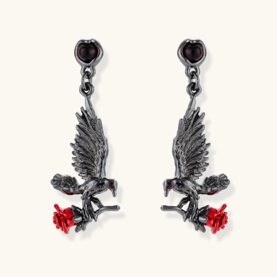 Dark gunmetal raven earrings with red rose details, featuring detailed bird wings and S925 silver posts on cream background.