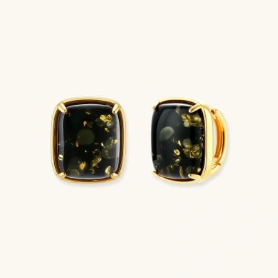 Elegant cushion-cut green amber earrings with golden inclusions in 18K gold-plated sterling silver settings.