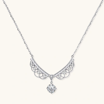Delicate sterling silver necklace with intricate angel wing pendant featuring brilliant moissanite stones in openwork design