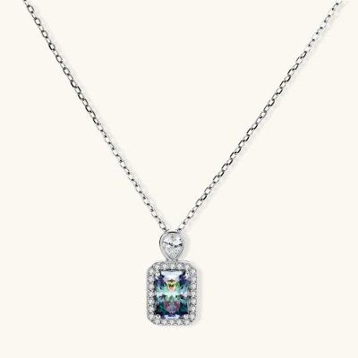 Sterling silver necklace with rectangular rainbow moissanite pendant and teardrop accent stone on white background