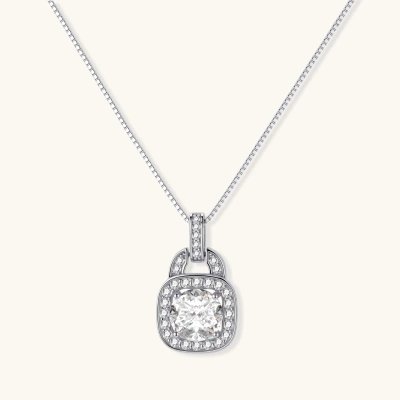 Sterling silver cushion halo pendant necklace featuring 2ct moissanite center stone with delicate box chain on neutral background.