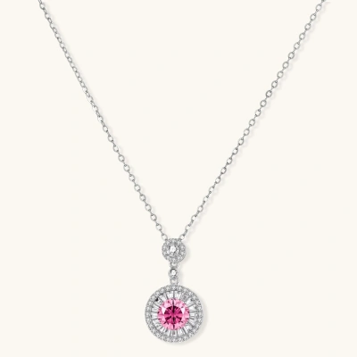 Sterling silver pendant necklace with pink moissanite center stone and clear crystal halo setting on neutral background.